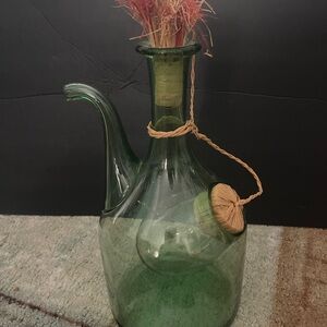 Vintage Green Glass Carafe with Straw Accent